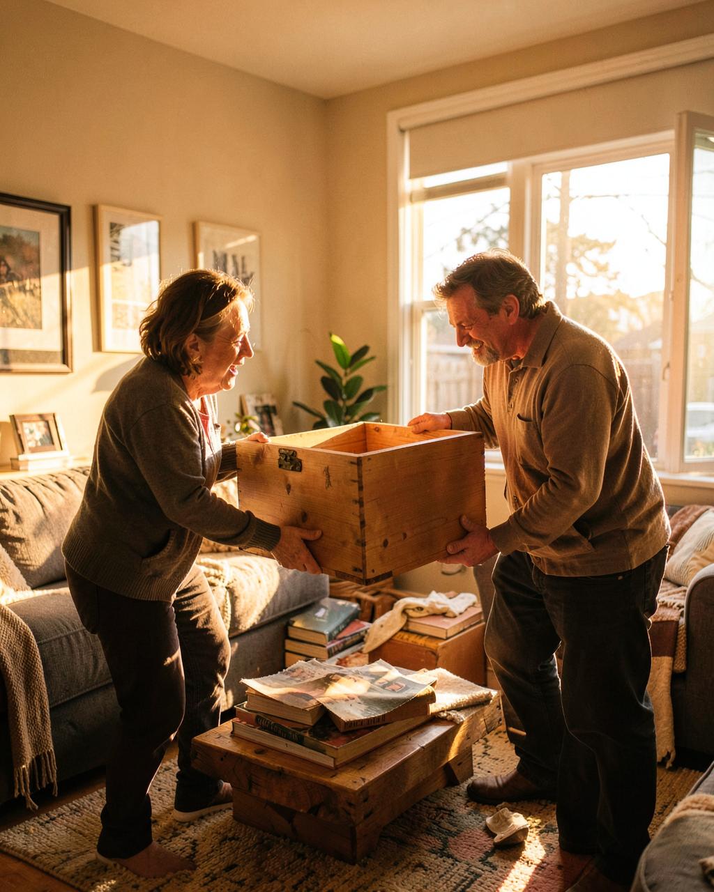 Two neighbors gently lifting a wooden box in a sunlit living room