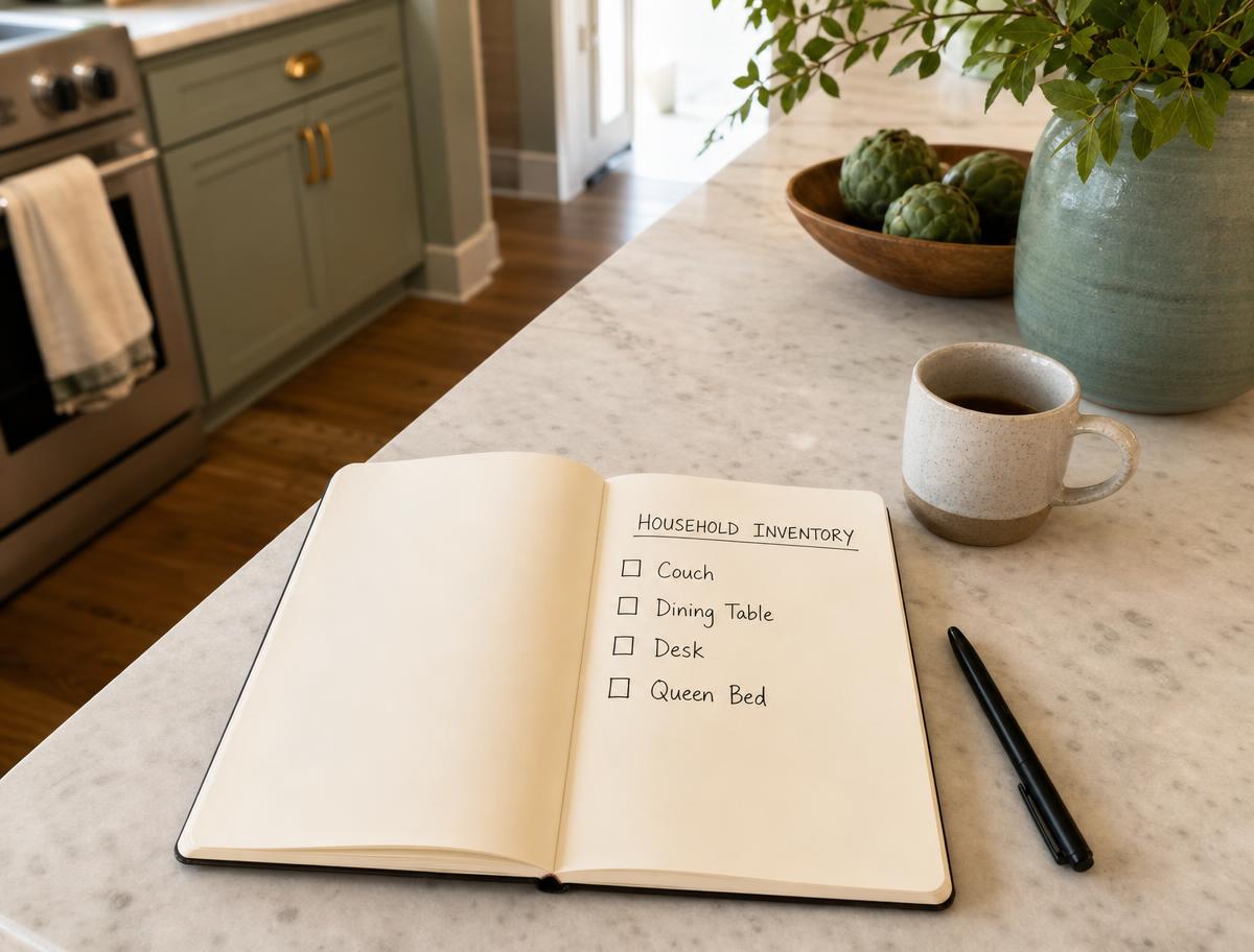 Open notebook on a kitchen counter with a checklist for Couch, Dining Table, Desk, and Queen Bed